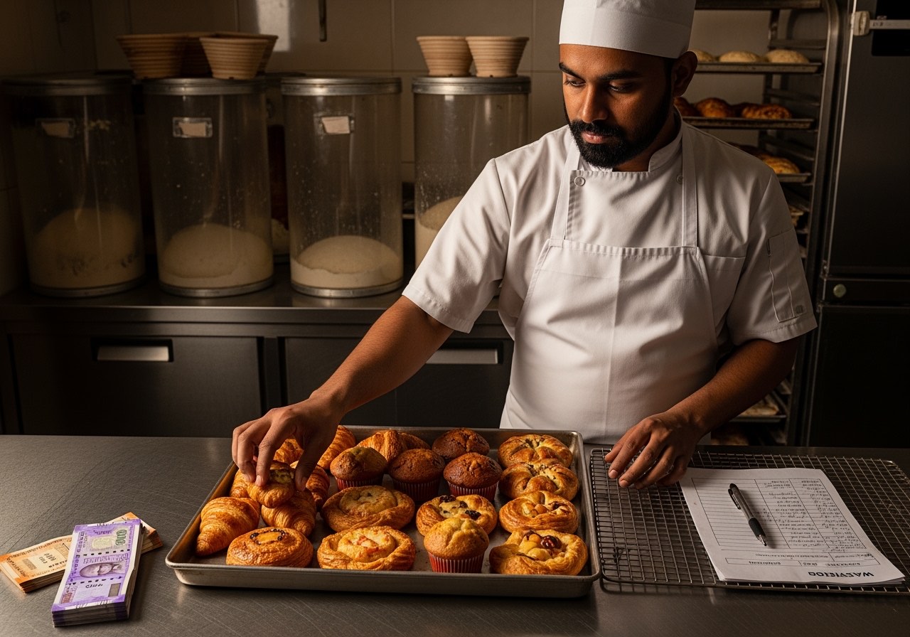 Closing — baker counting unsold pastries into the wastage tray, log sheet on the cooling rack