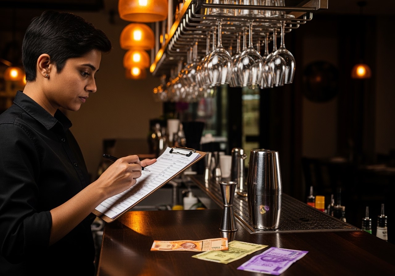 Bar back-counter at close — bottles on the rail, bartender marking levels on a clipboard, jigger and shaker on the bar