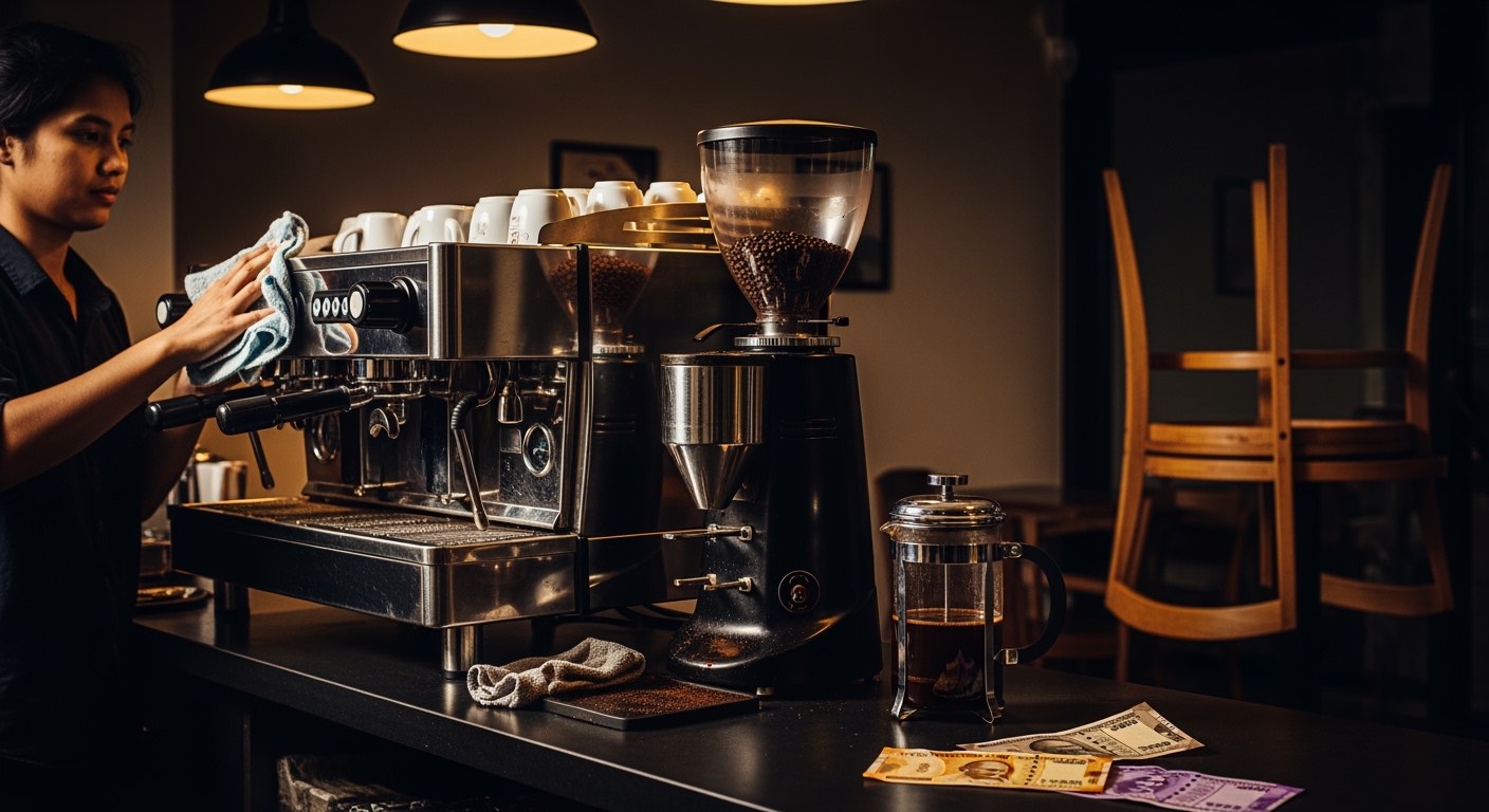 Closing — barista wiping down the espresso machine, grinder open, lights dim, one chair upturned