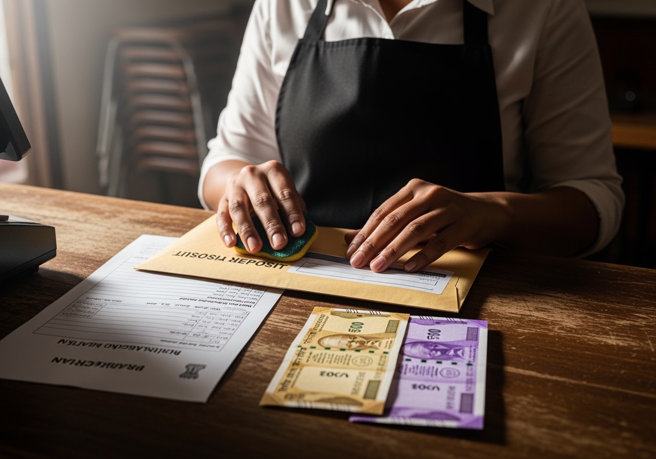 Restaurant cashier preparing bank deposit envelope with internal slip and challan