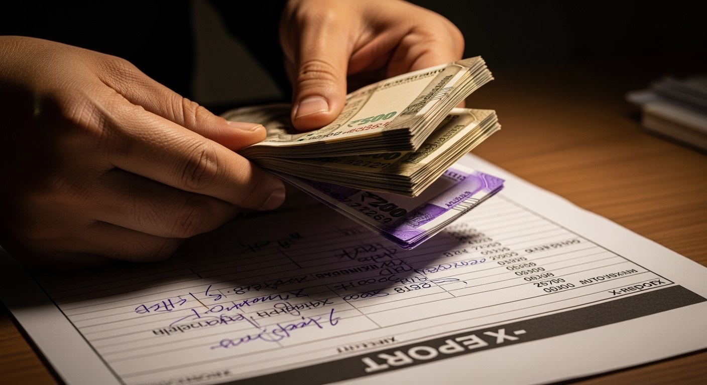 Auditor counting denominations against X-report on counter beside opened drawer