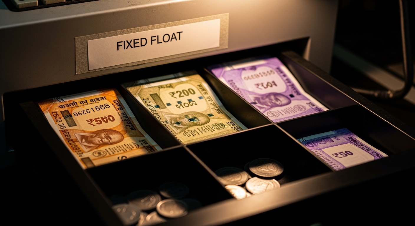Cash drawer interior showing fixed float label with denomination separators