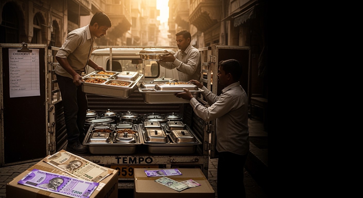 Driver loading equipment list onto truck — checklist clipped to the side door, two trays of serveware being loaded