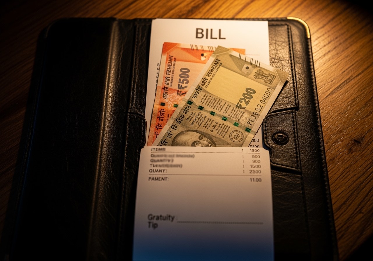 Restaurant bill on a table showing itemised charges with no service charge line