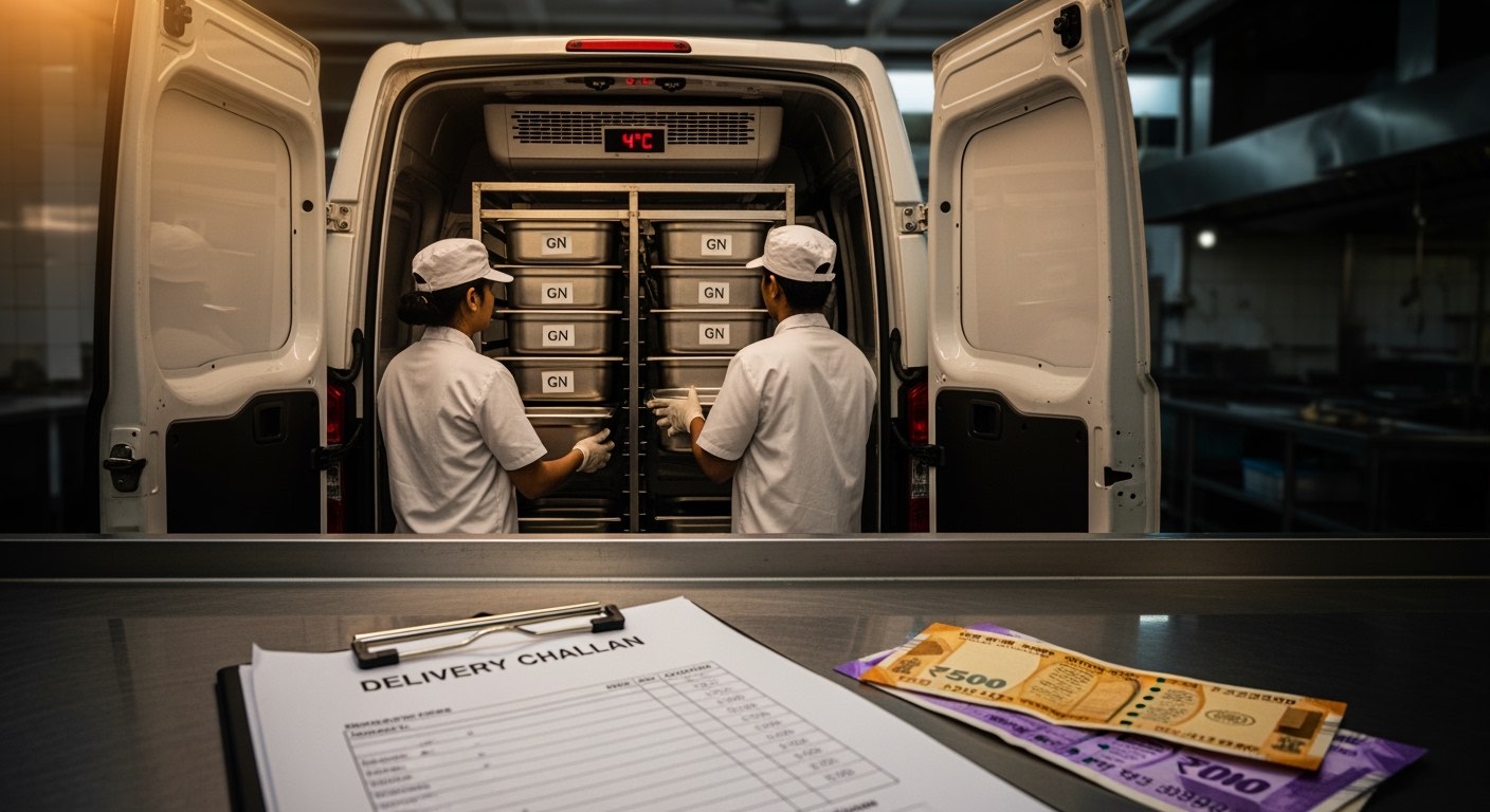 Refrigerated van loading with labelled steel GN pans for inter-store transfer