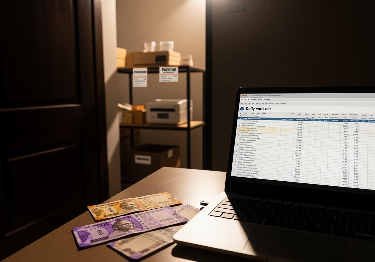Cloud kitchen office screen — single-screen daily P&L pulled up for one brand, packaging station visible in the background