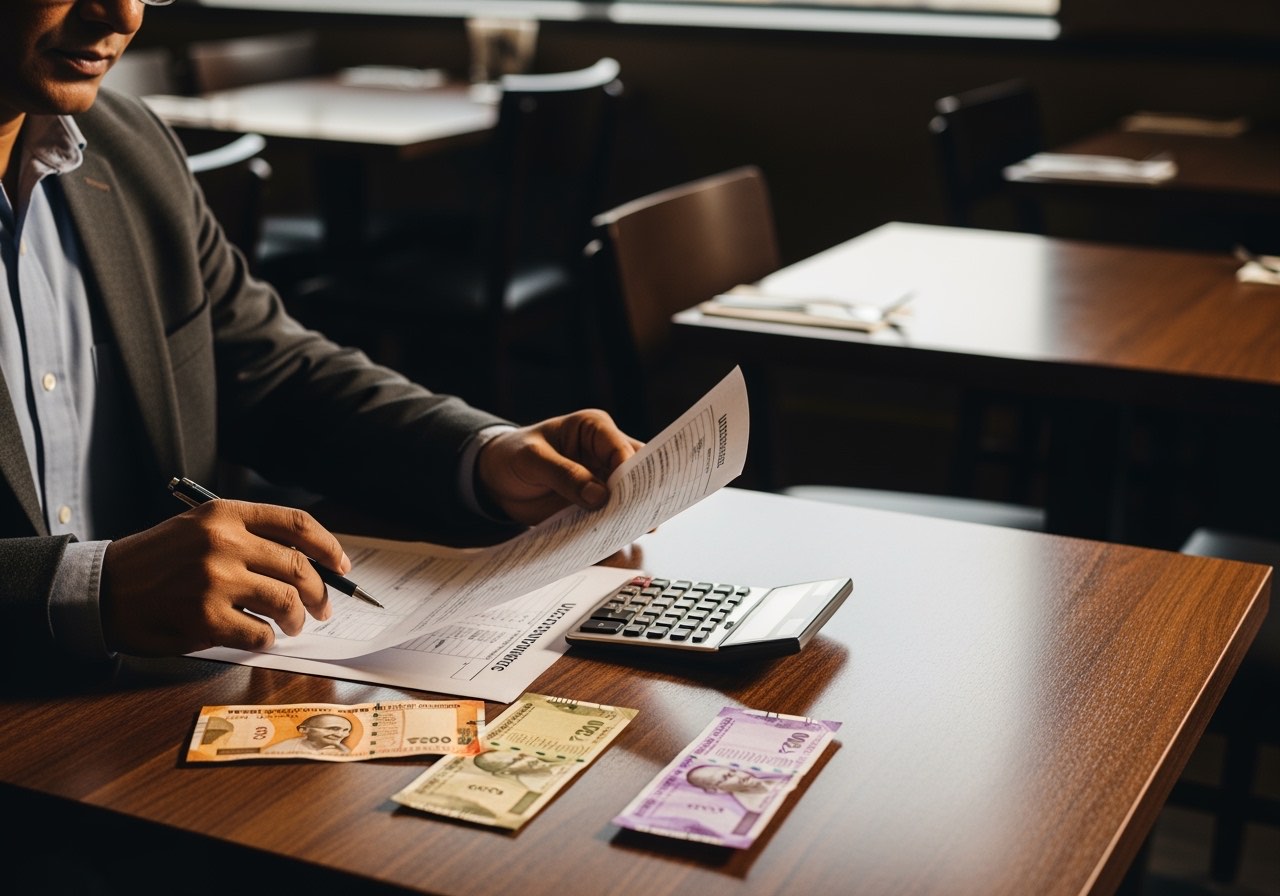 Composite owner at an empty dining table mid-afternoon reviewing a printed unit-economics sheet with a calculator, soft natural light from the front window, no logos