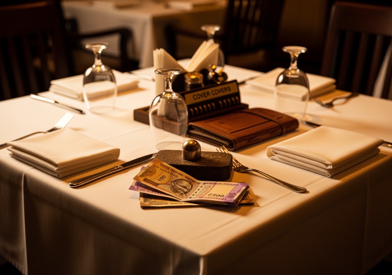 Composite four-top table set with cover counter, ledger and serviette tray under warm light