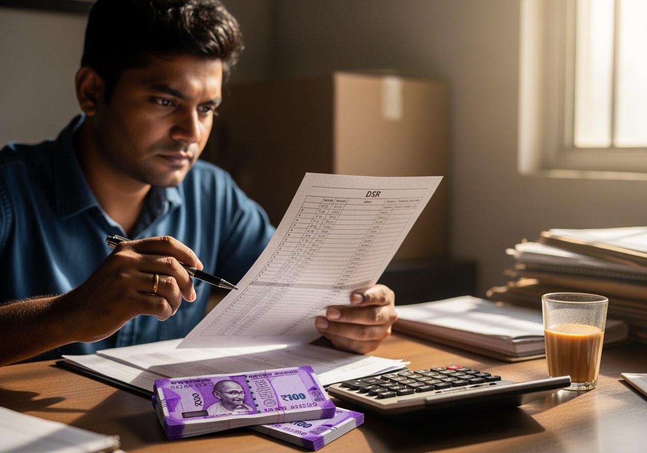 Owner सुबह DSR sheet review कर रहा है — चाय, register, और pen