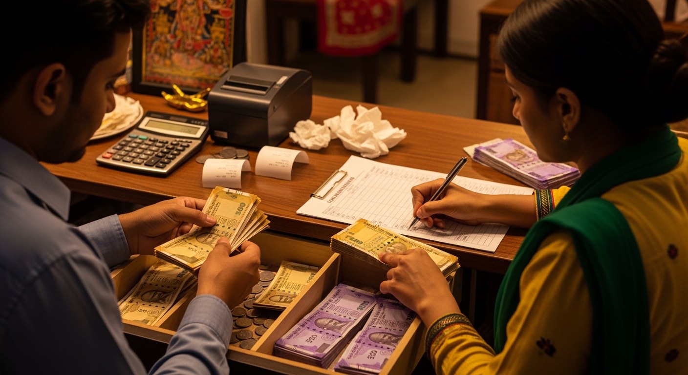 Cashier sorting notes into denomination piles on counter before count