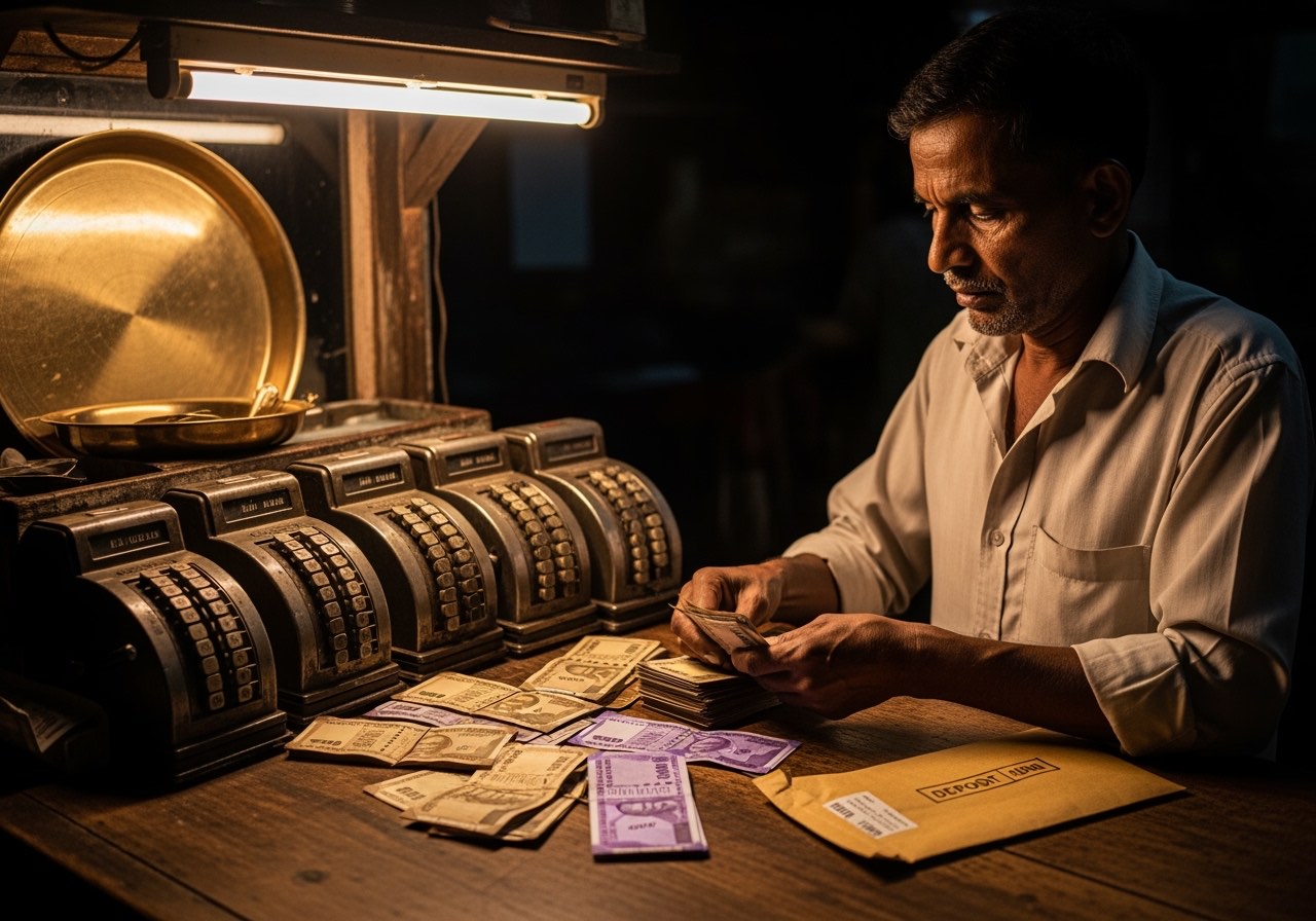 Dhaba counter at 11pm — owner counting cash, four registers stacked, deposit envelope being sealed