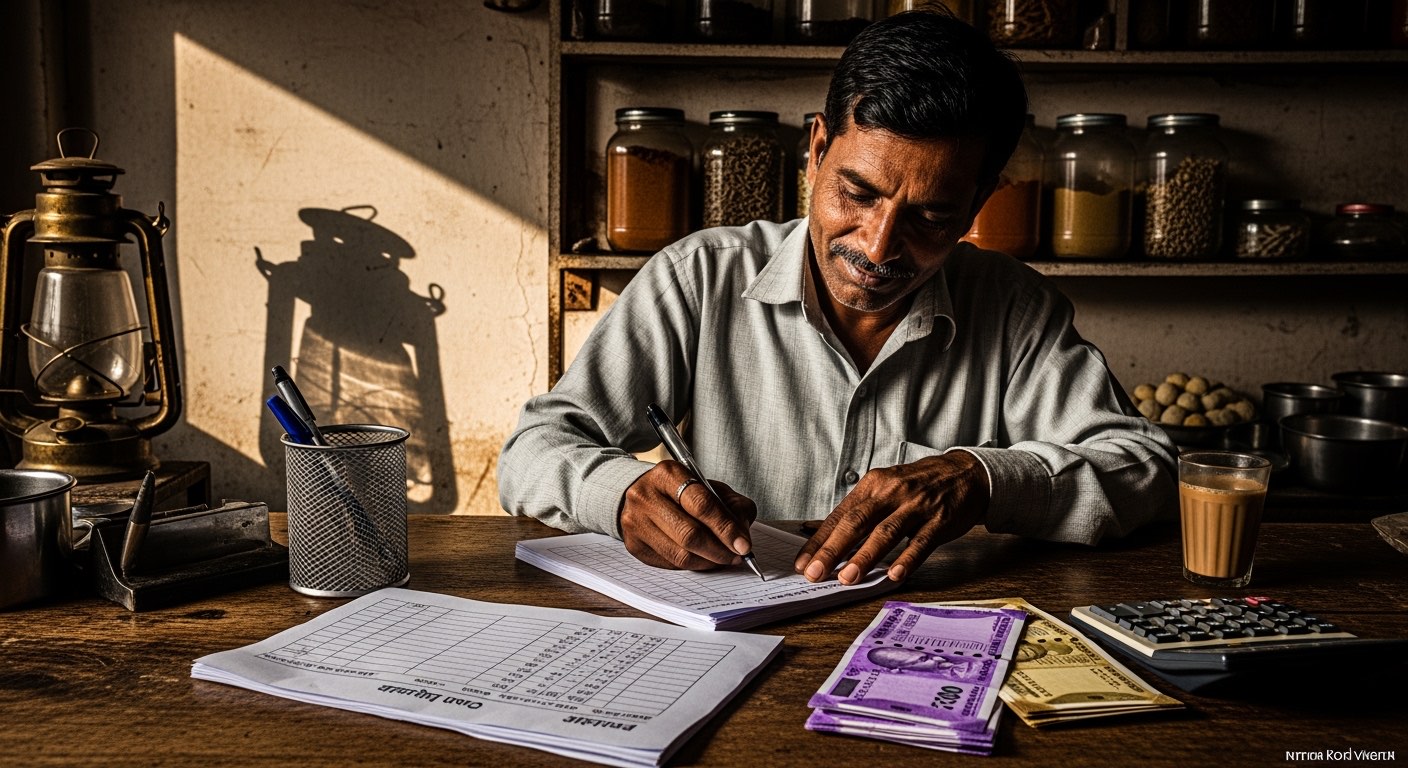 Owner writing a PCV at the counter — Hindi labels visible, two carbon copies, ₹100 notes counted out