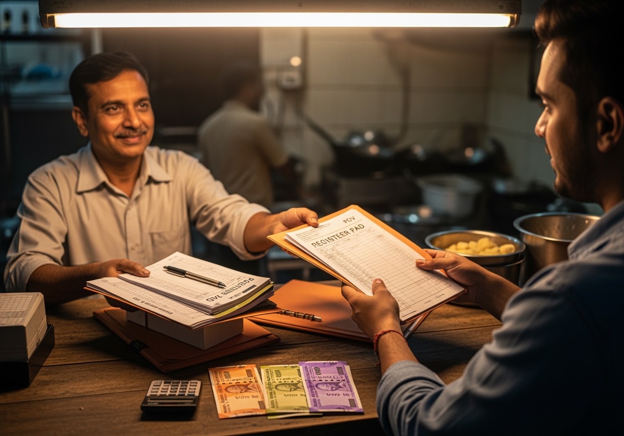 Monthly accountant visit — owner handing over the bundle: registers, PCV pad, deposit slips, GST folder
