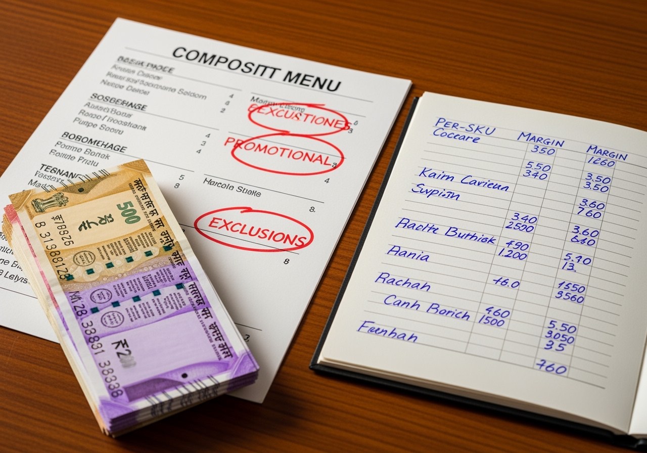 Composite menu mockup with select SKUs marked for promo exclusion, ledger showing per-SKU margins