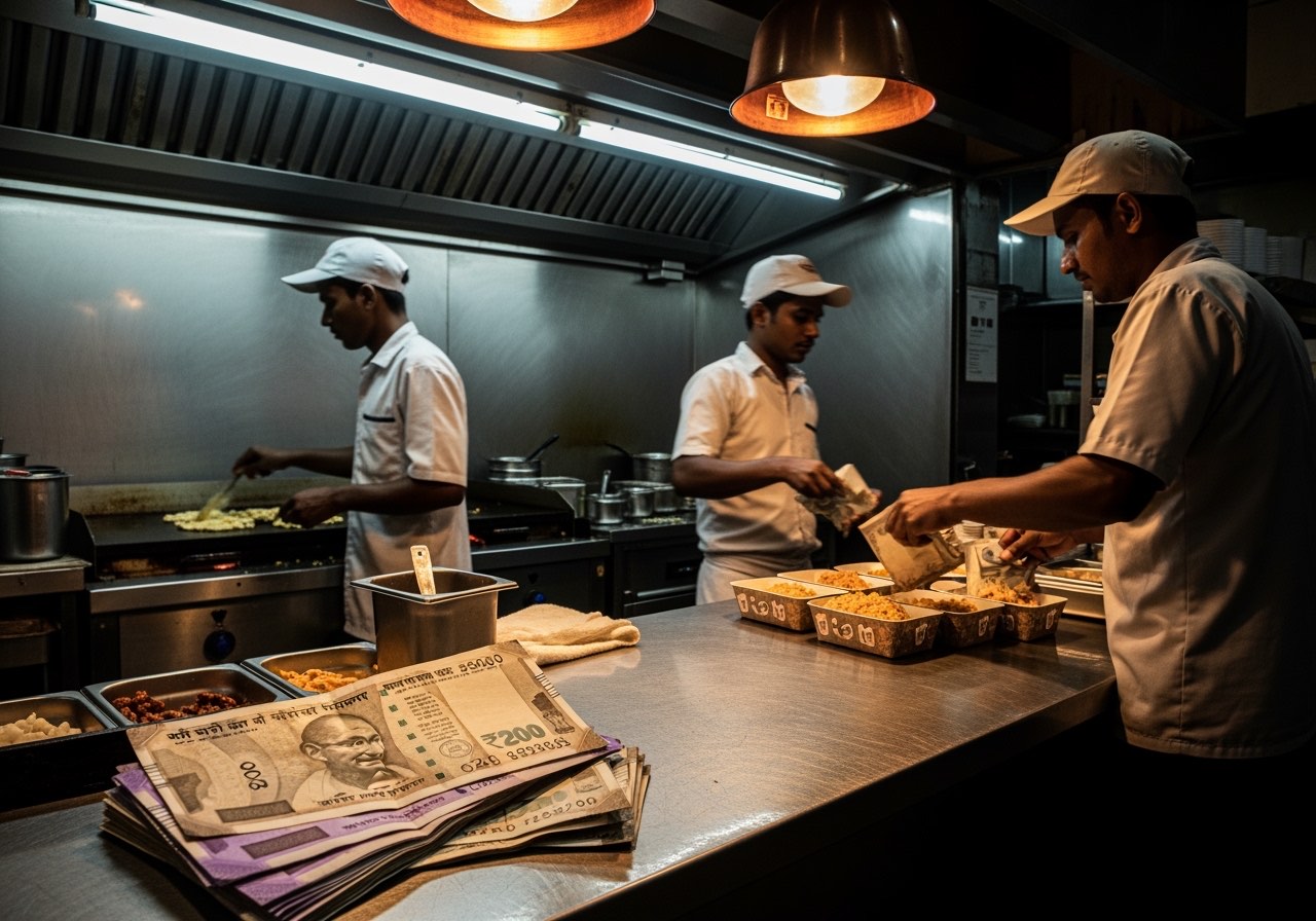 QSR kitchen during peak — single griddle, lean brigade, takeaway packets being filled at speed