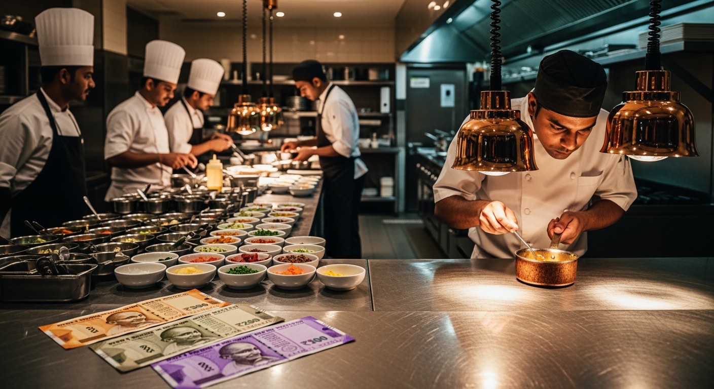Fine-dine kitchen during pre-service — brigade in white, mise-en-place stations laid out, head chef inspecting a sauce pass