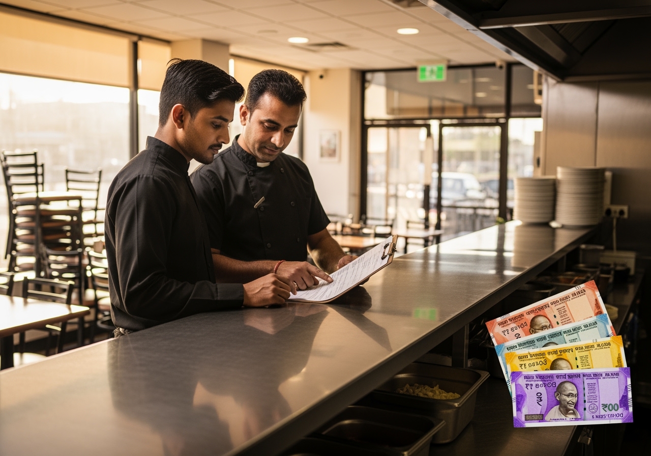 Owner and shift manager reviewing a printed handover sheet at the empty pass of a closed restaurant in early morning