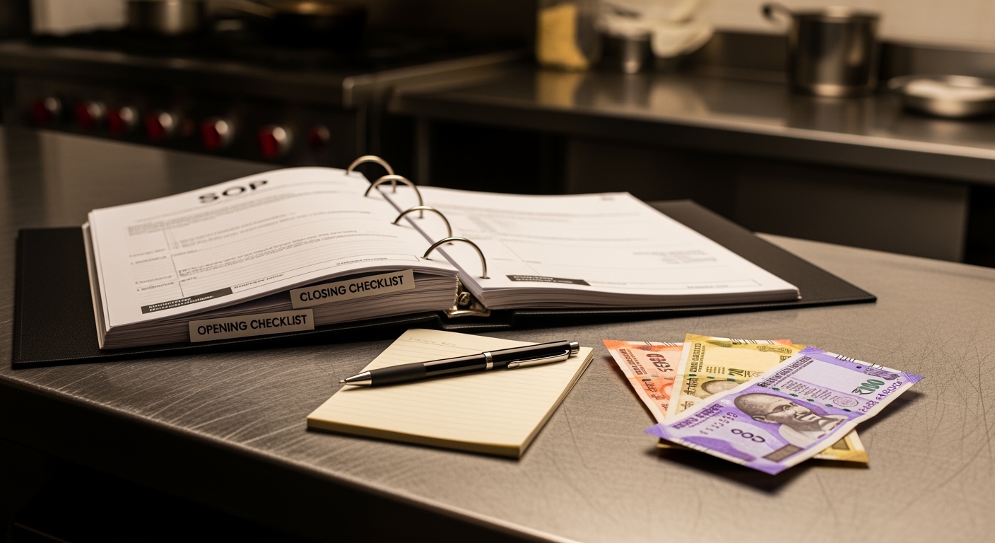 Laminated SOP binder lying open on a stainless steel kitchen prep counter, tabbed sections for opening and closing checklists