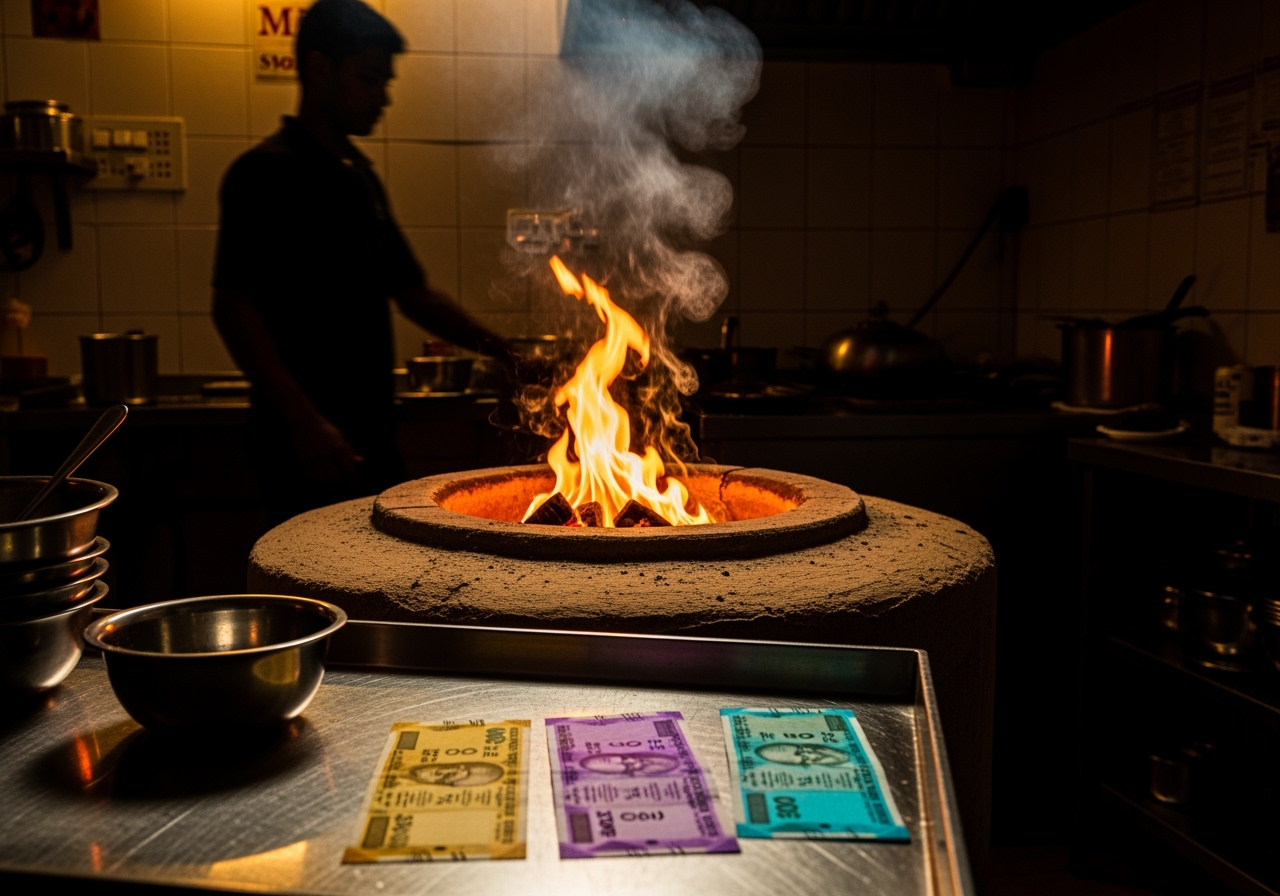 Clay tandoor inside a small restaurant kitchen at dawn being lit, orange flames just catching the charcoal