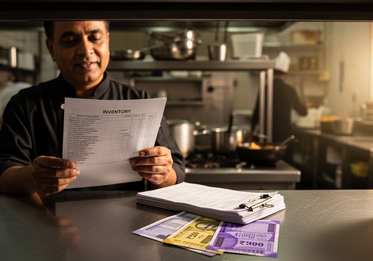 Composite Indian restaurant owner reviewing an inventory printout at the kitchen pass, supplier bills clipped together on the counter, warm afternoon light, no logos