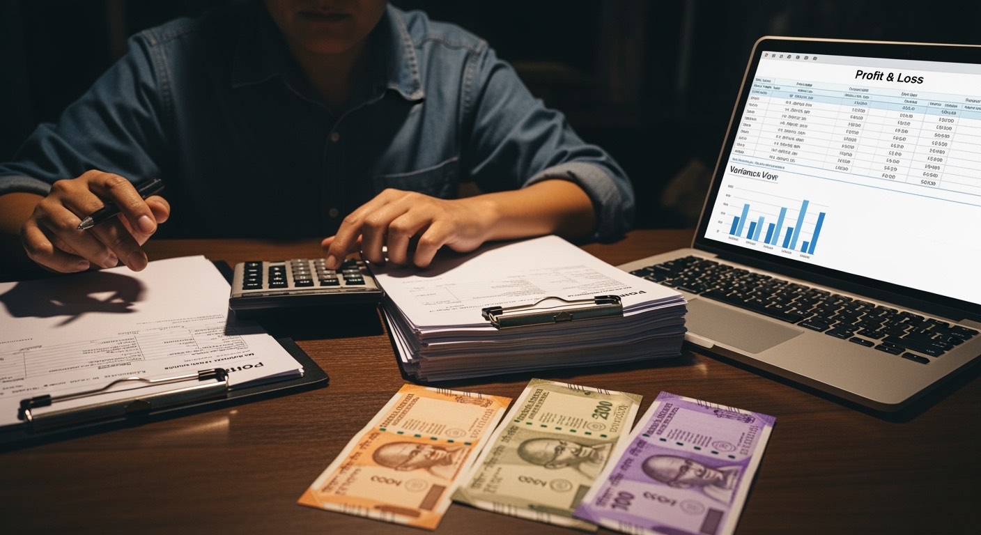 Composite operator at a desk with a calculator and stack of supplier invoices clipped together, P&L spreadsheet on a laptop showing food cost variance, warm tungsten light, no readable logos