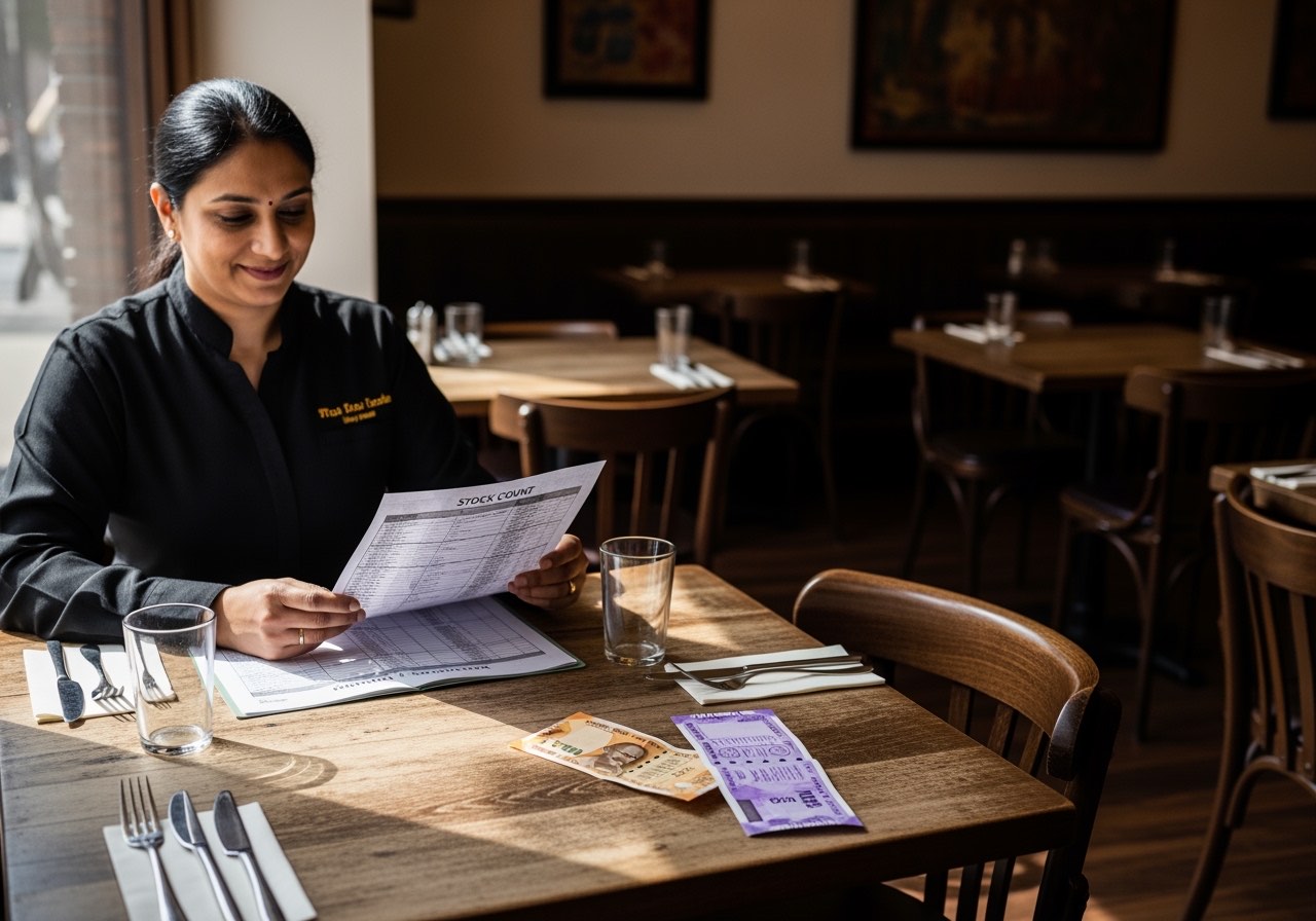 Empty restaurant tables mid-afternoon with composite manager reviewing a stock-count sheet at a corner table, soft natural light from the front window, no logos