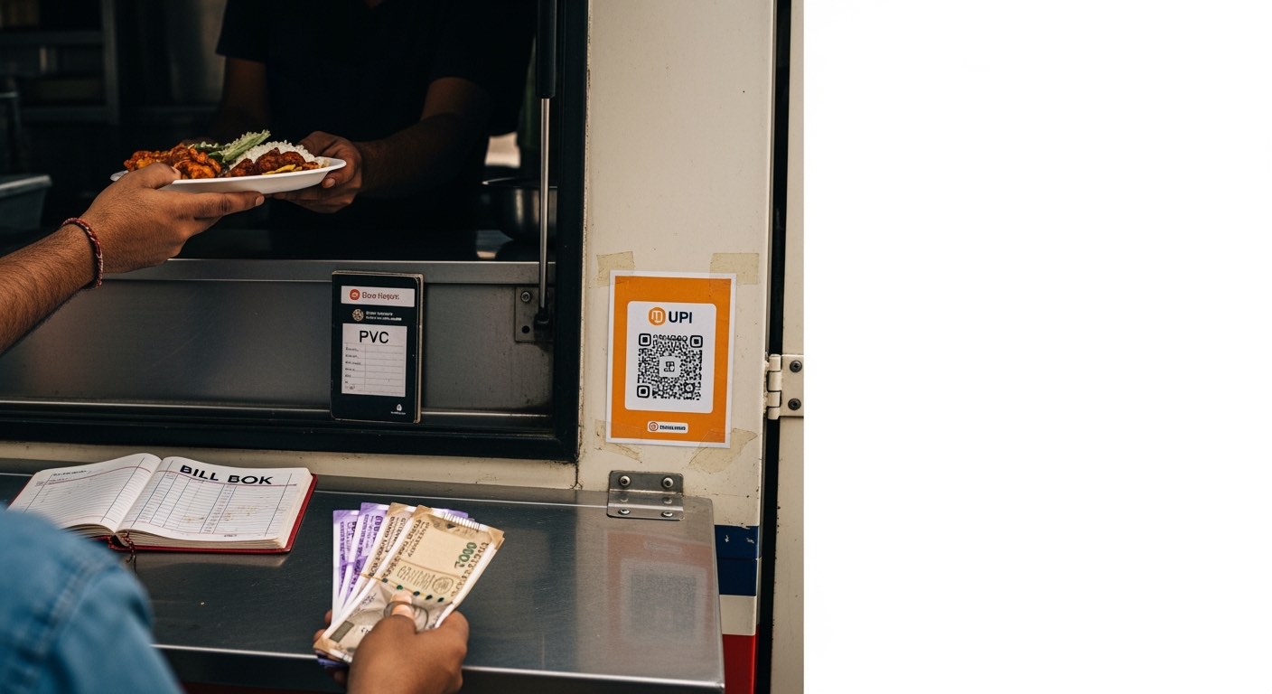 Operator handing over food at the side hatch — UPI QR taped on the hatch, bill book on the counter, PCV pad in the dashboard
