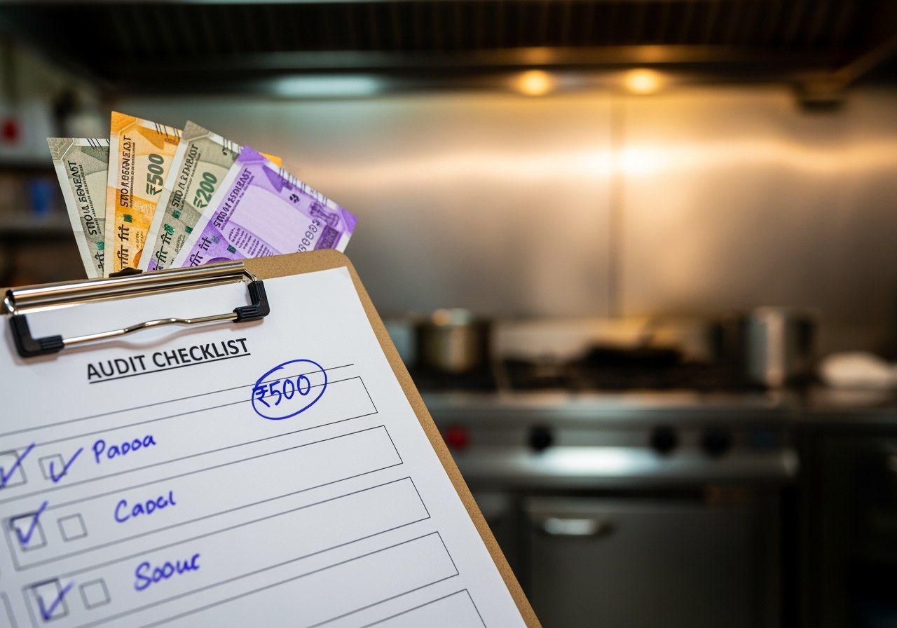 Indian franchise auditor reviewing checklist with restaurant manager in kitchen