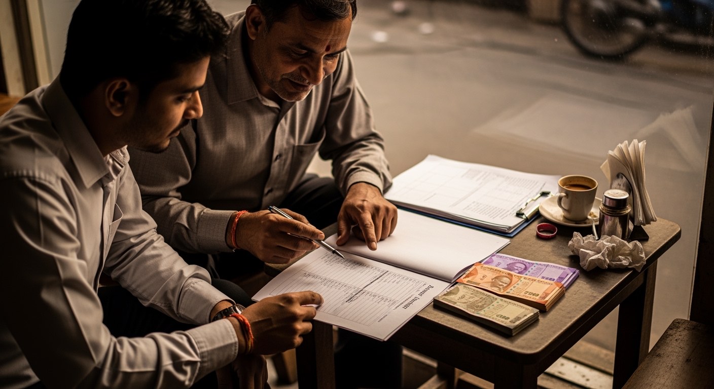 Indian franchise franchisee and franchisor reviewing audit findings together