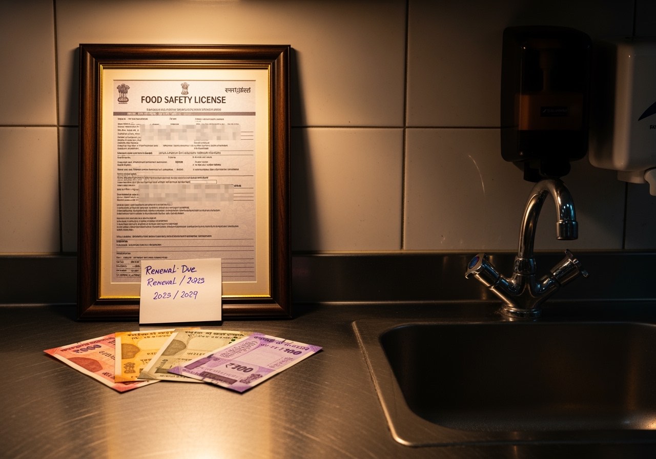 FSSAI licence certificate on a restaurant kitchen wall under glass frame