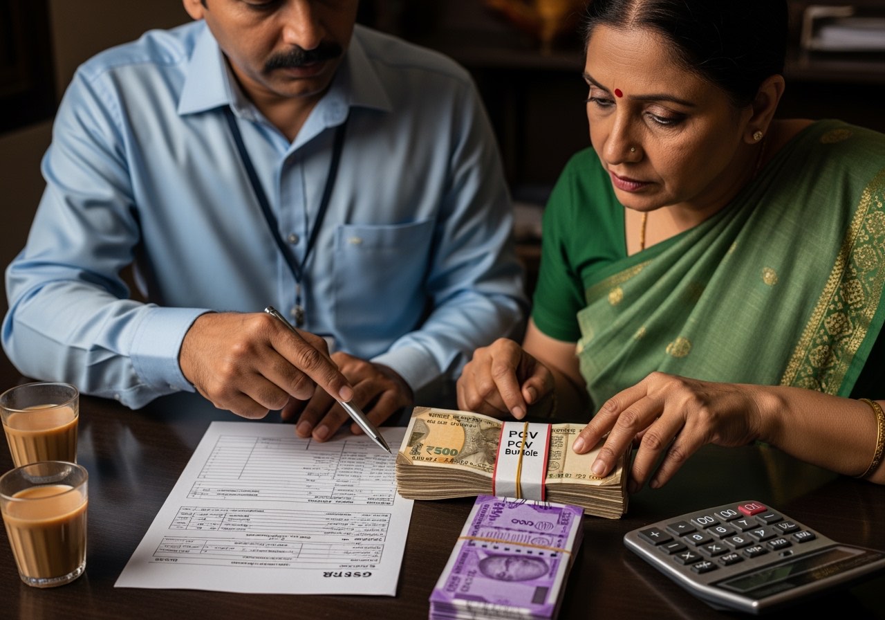 Accountant and owner reviewing GSTR-2B printout against PCV bundle on a desk with calculator and tea cups