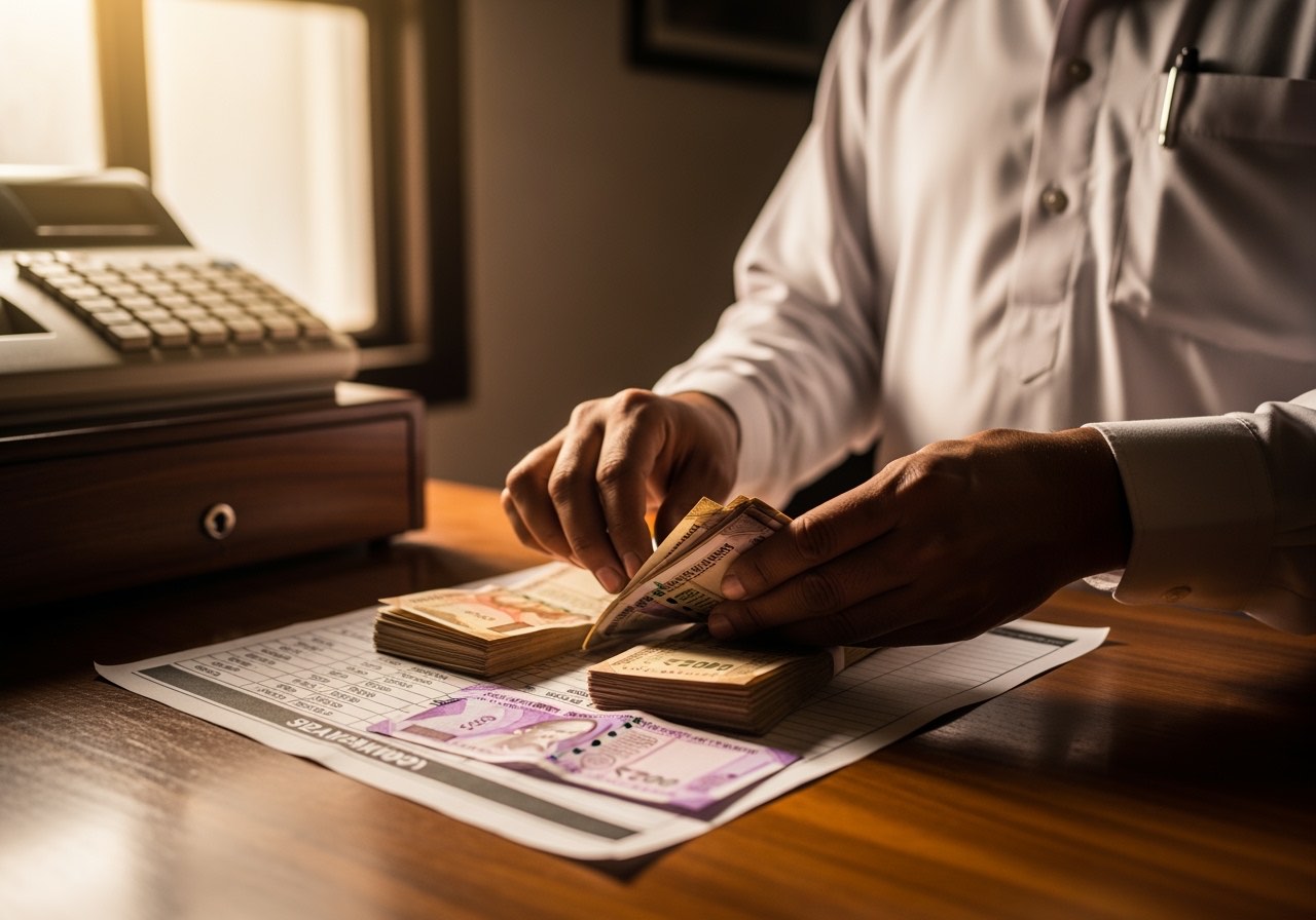 Cashier setting up the working float at open with a denomination breakdown sheet on the till