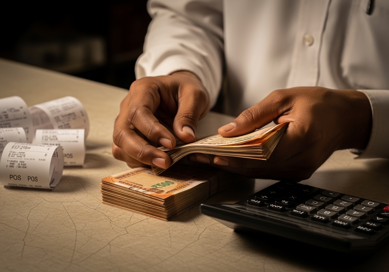 Cashier hands counting a stack of crisp ₹500 notes onto a worn formica counter at the end of a shift