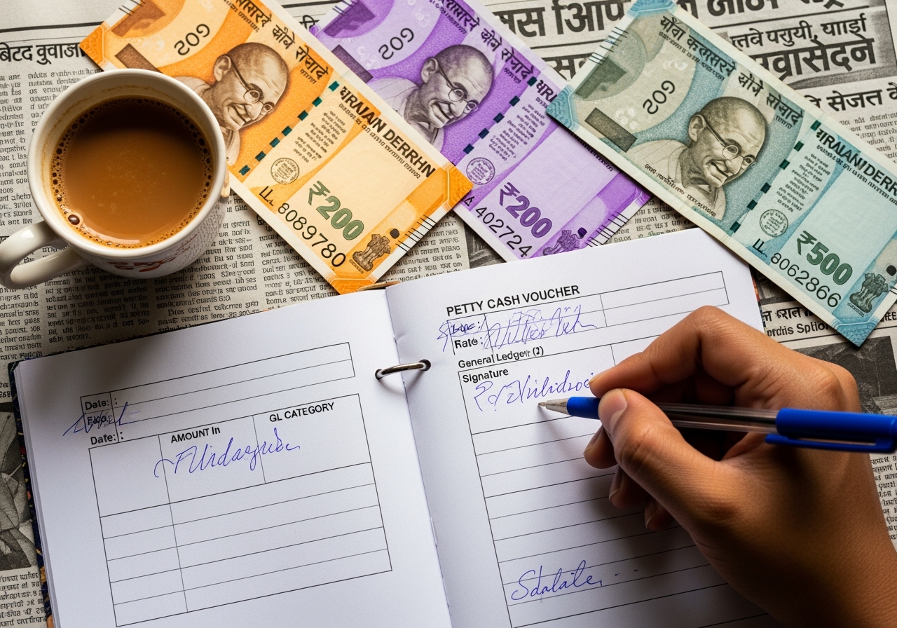 Top-down view of a hand writing a petty cash voucher entry in blue ink, half-sheet booklet open
