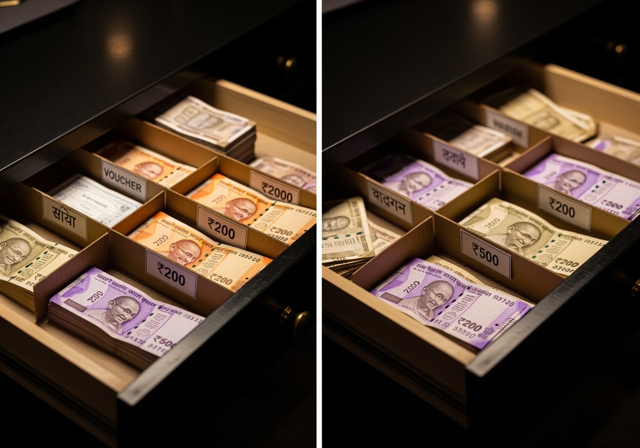 Two side-by-side cash drawers on a back-office desk — one labelled with a fixed float number, the other with mixed unlabeled cash