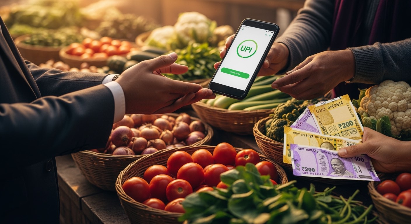A vendor at the mandi accepting UPI payment from a restaurant operator's phone — early morning warm light, baskets of vegetables in foreground