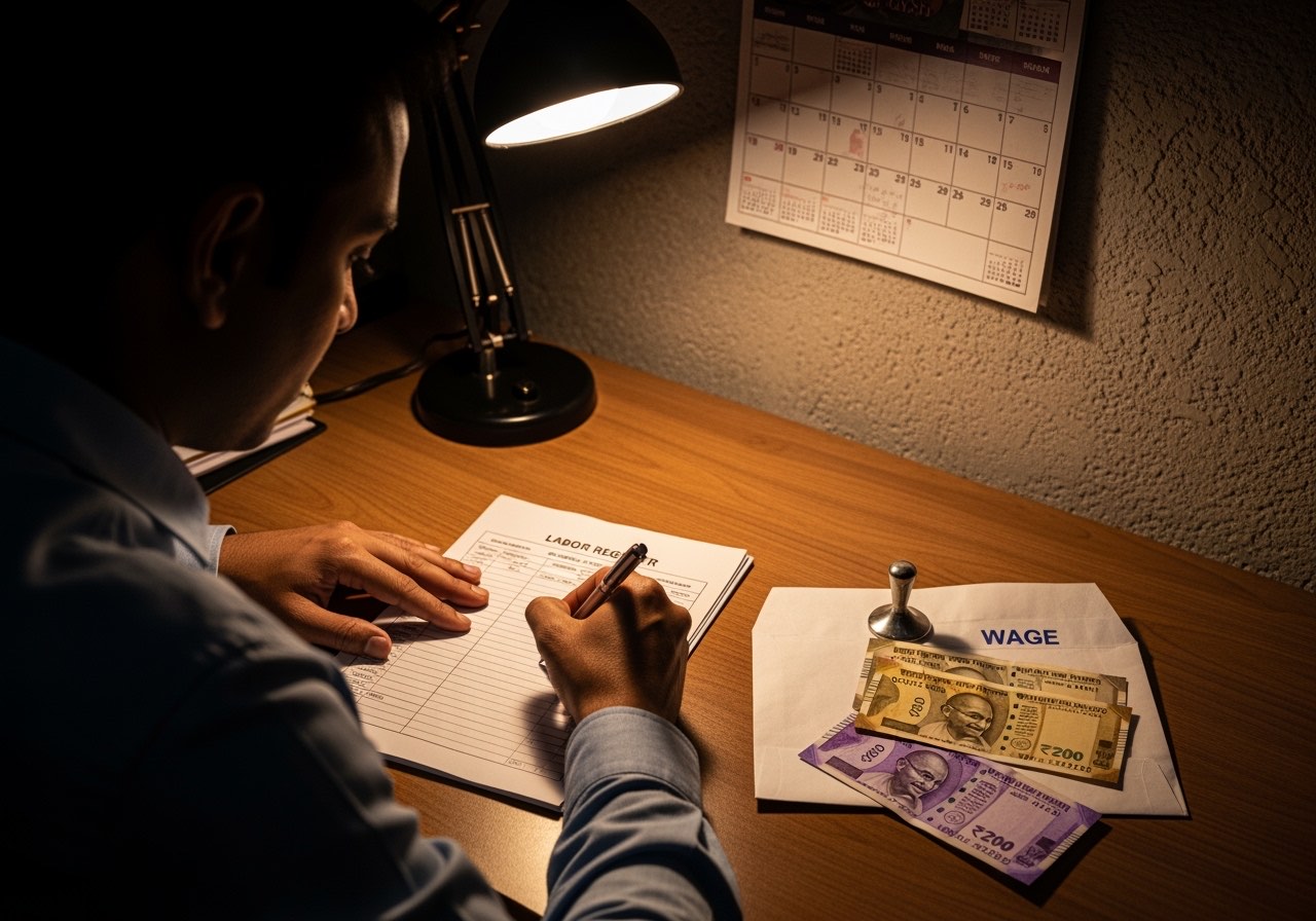 Owner signing labour register binder at month-end with calendar planner