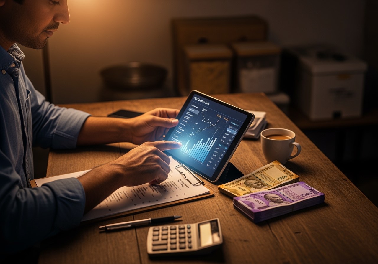 Composite restaurant manager with a clipboard reviewing a menu printout and a tablet showing dish-level POS data at a back-office desk, warm tungsten light, no readable logos