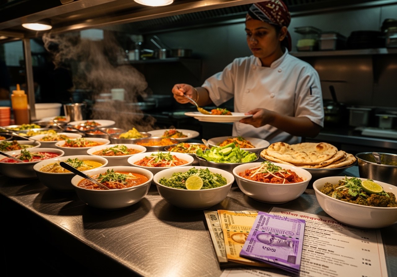 Composite restaurant pass mid-prep with cook plating dishes, calm warm light, no readable text, no logos visible
