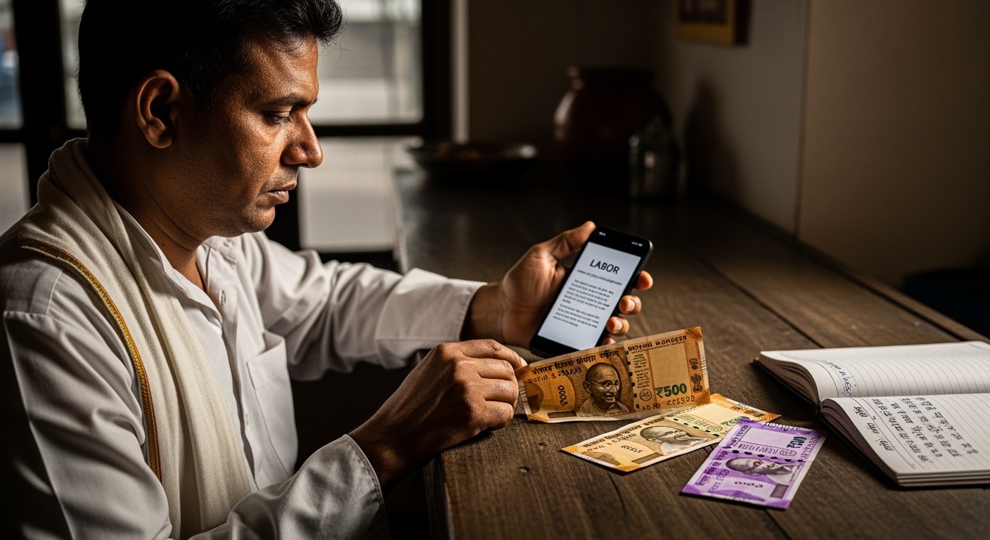 Indian restaurant owner reading state minimum wage notification on phone