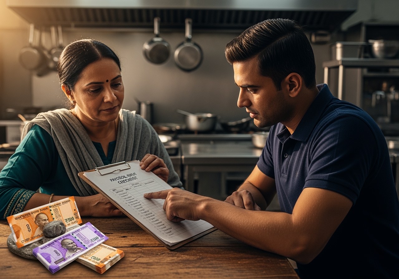 Indian restaurant owner reviewing payroll inputs with manager at month-end