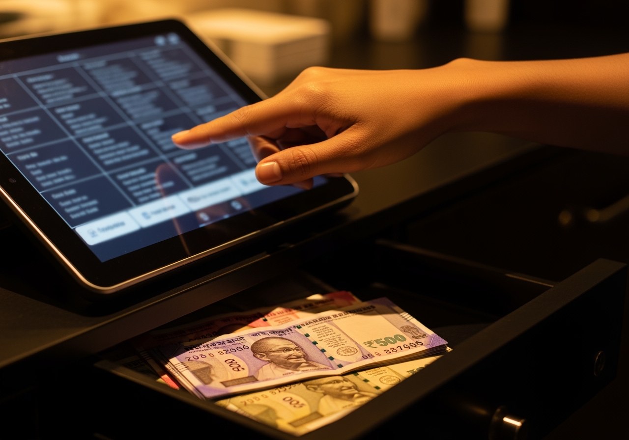 Indian restaurant cashier using POS terminal at busy chain outlet
