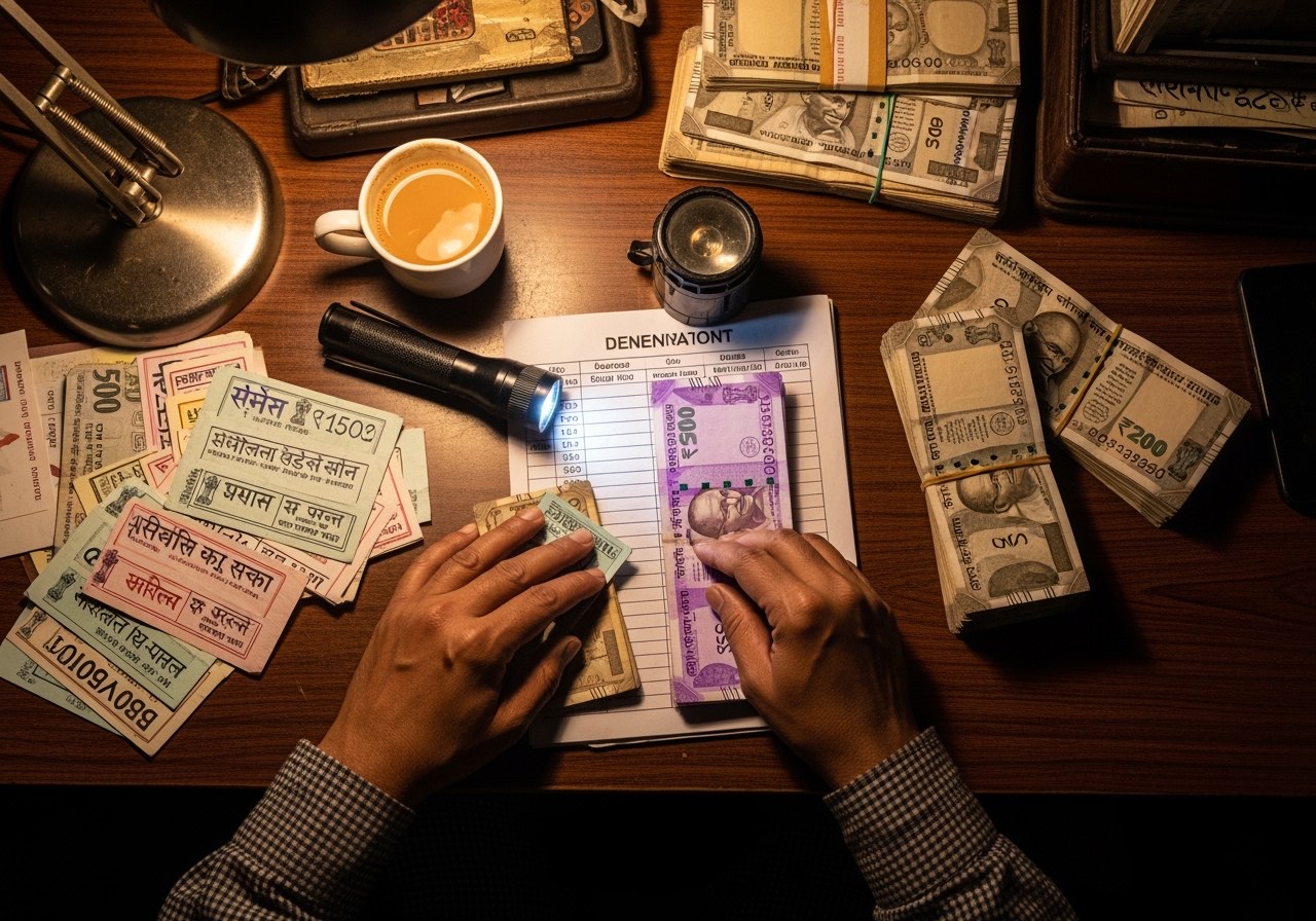 A back-office desk at end of shift with PCV pads, cash, denomination sheet, and a torch — closing-time audit moment