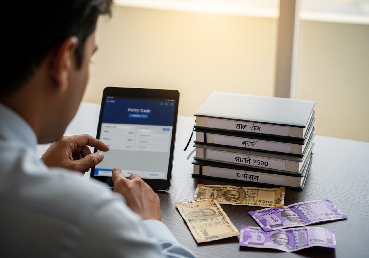 Area manager reviewing 4 outlets' petty cash category mix on tablet at central office