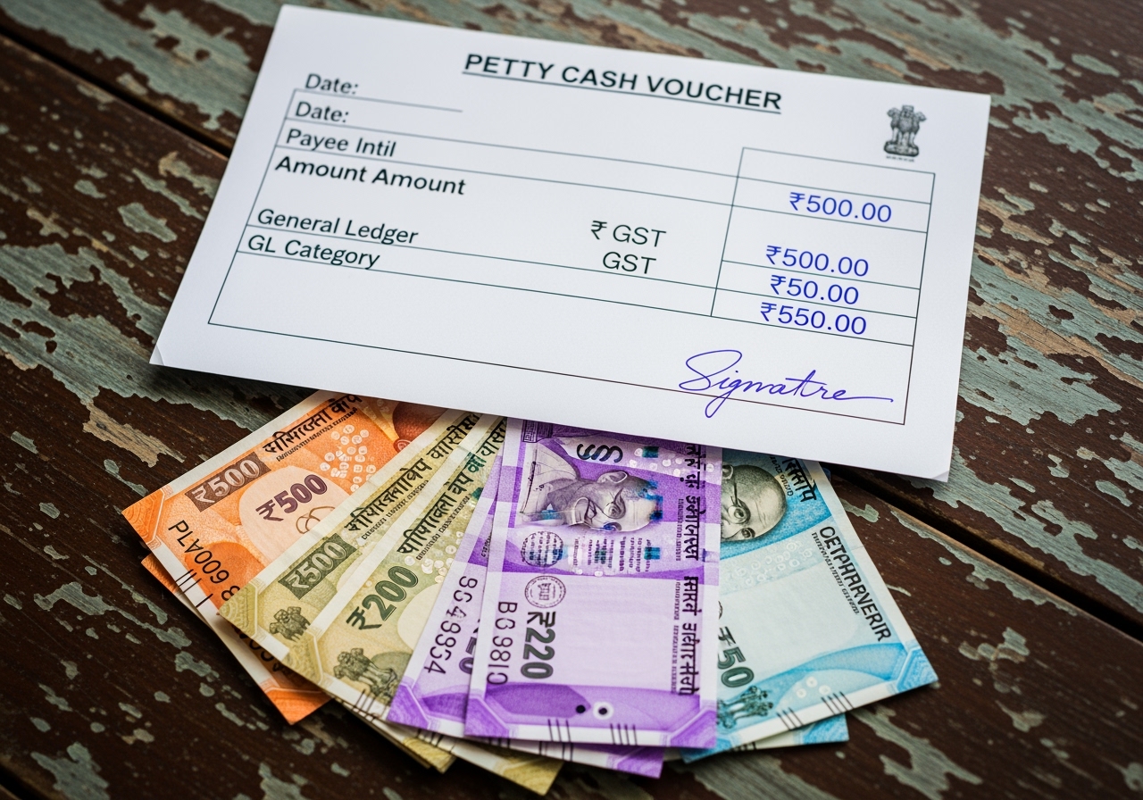 Single petty cash voucher half-sheet neatly hand-filled in blue ink with date, payee, amount, GST line, GL category, signature