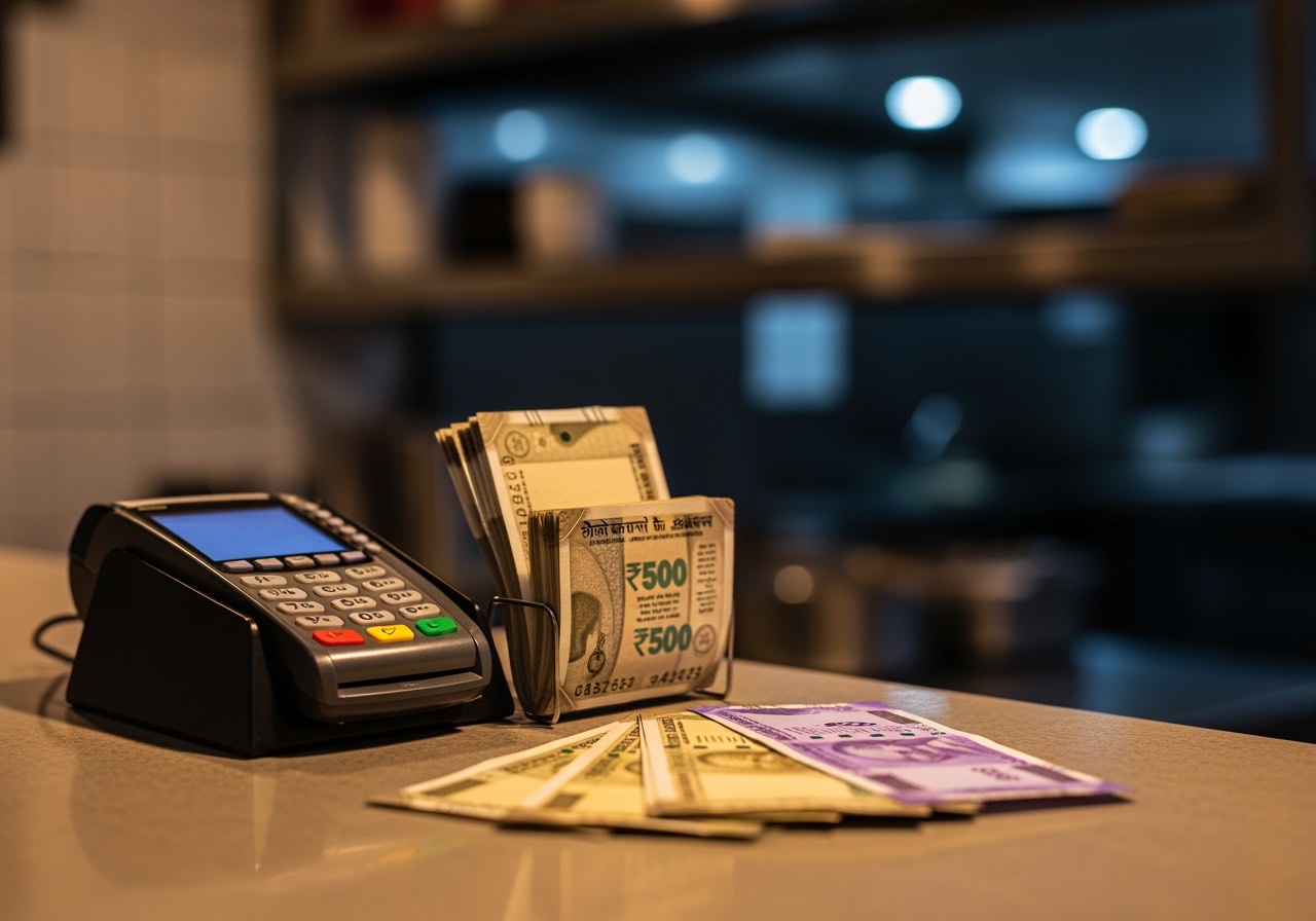 Payment terminal docked on a small charging cradle behind a counter, end-of-day environment