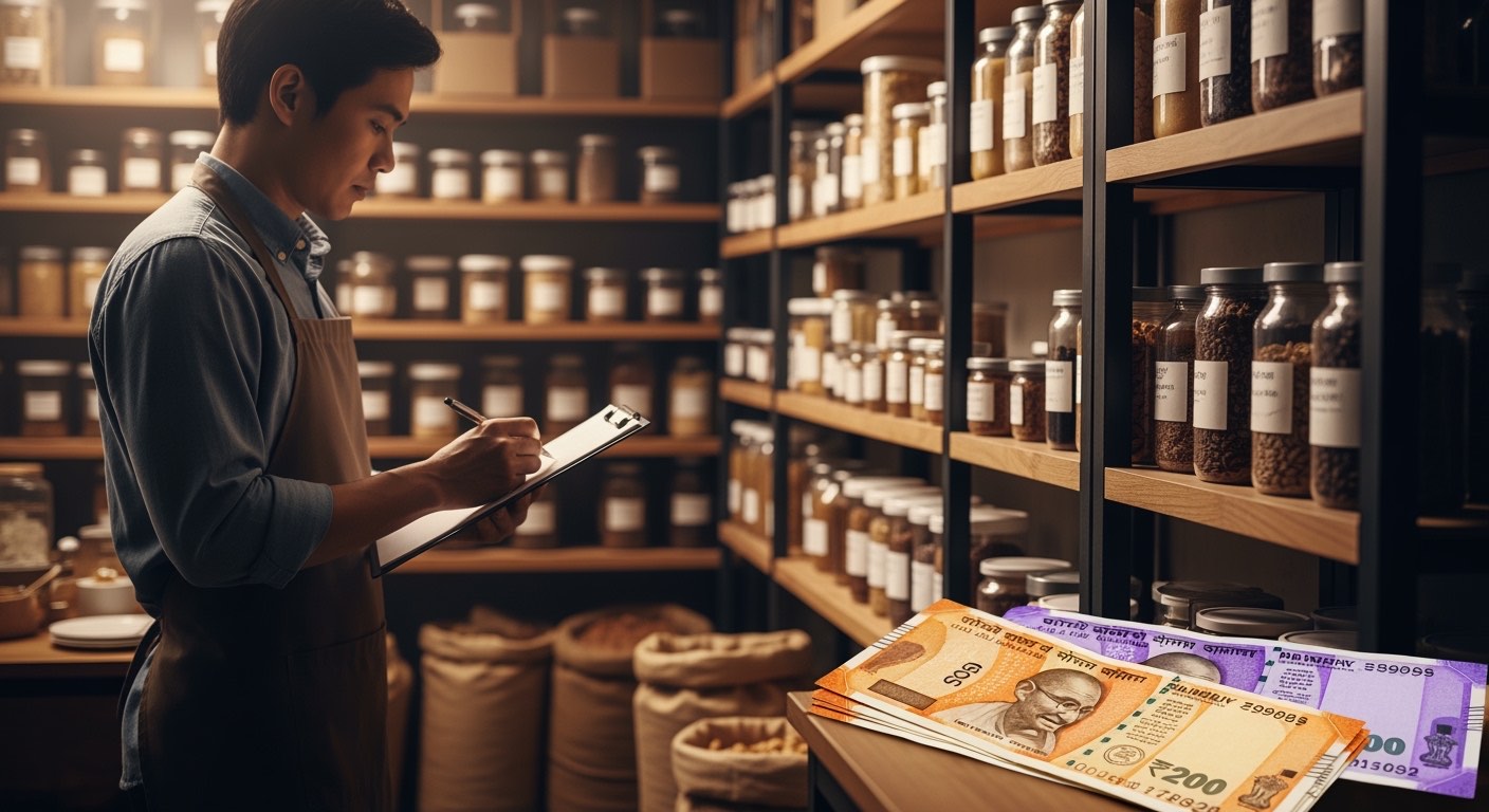 Manager with a clipboard at the storeroom counting inventory, calm focused lighting, no readable text