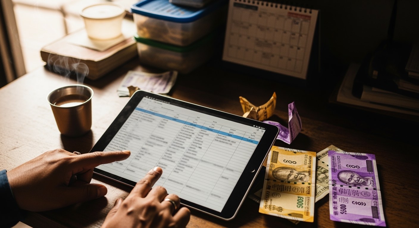 Comparison spreadsheet on tablet showing per-feature scoring across cash management tools