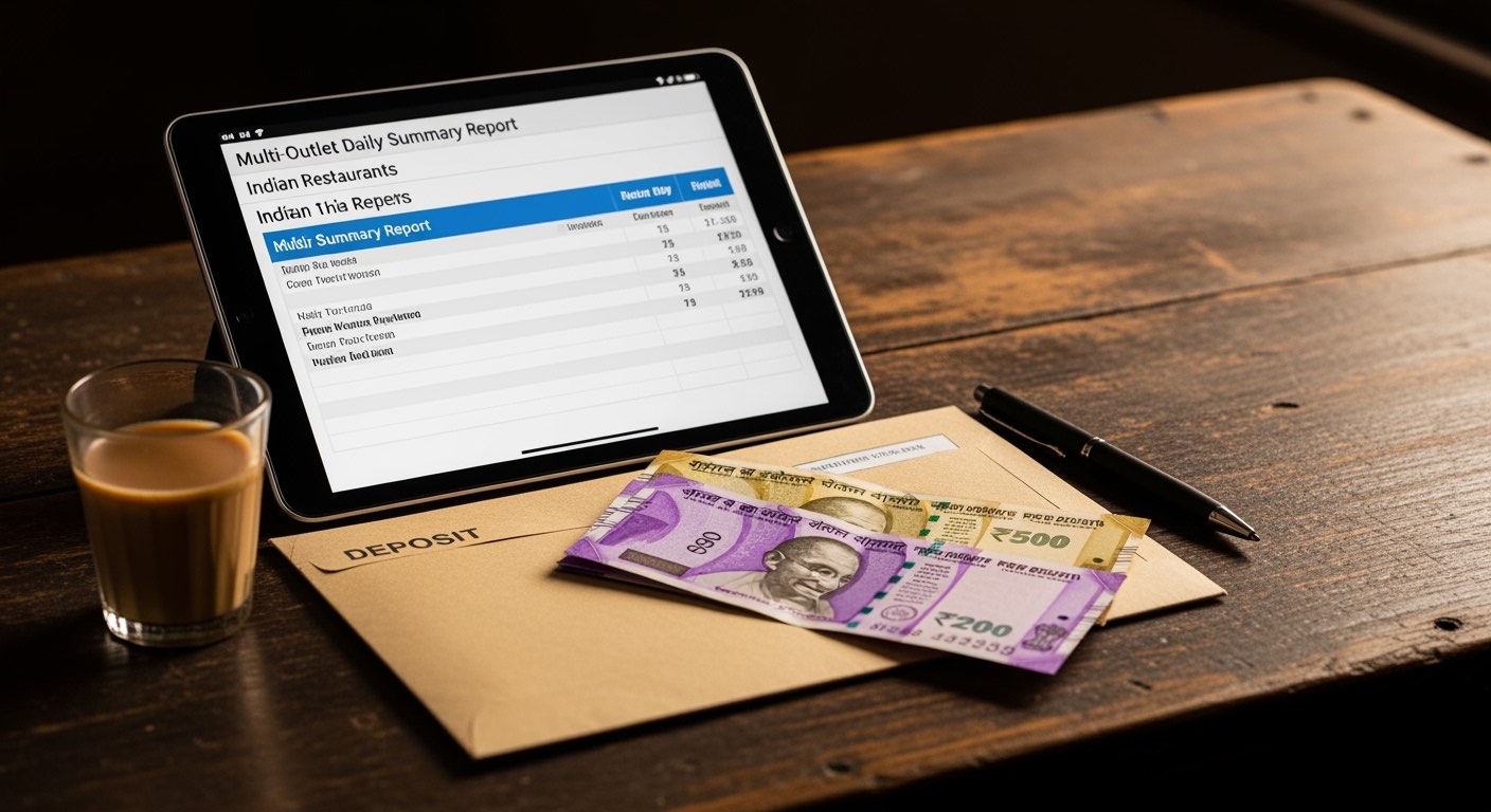 Tablet on a back-office desk showing a multi-outlet daily summary, deposit envelope and pen beside it