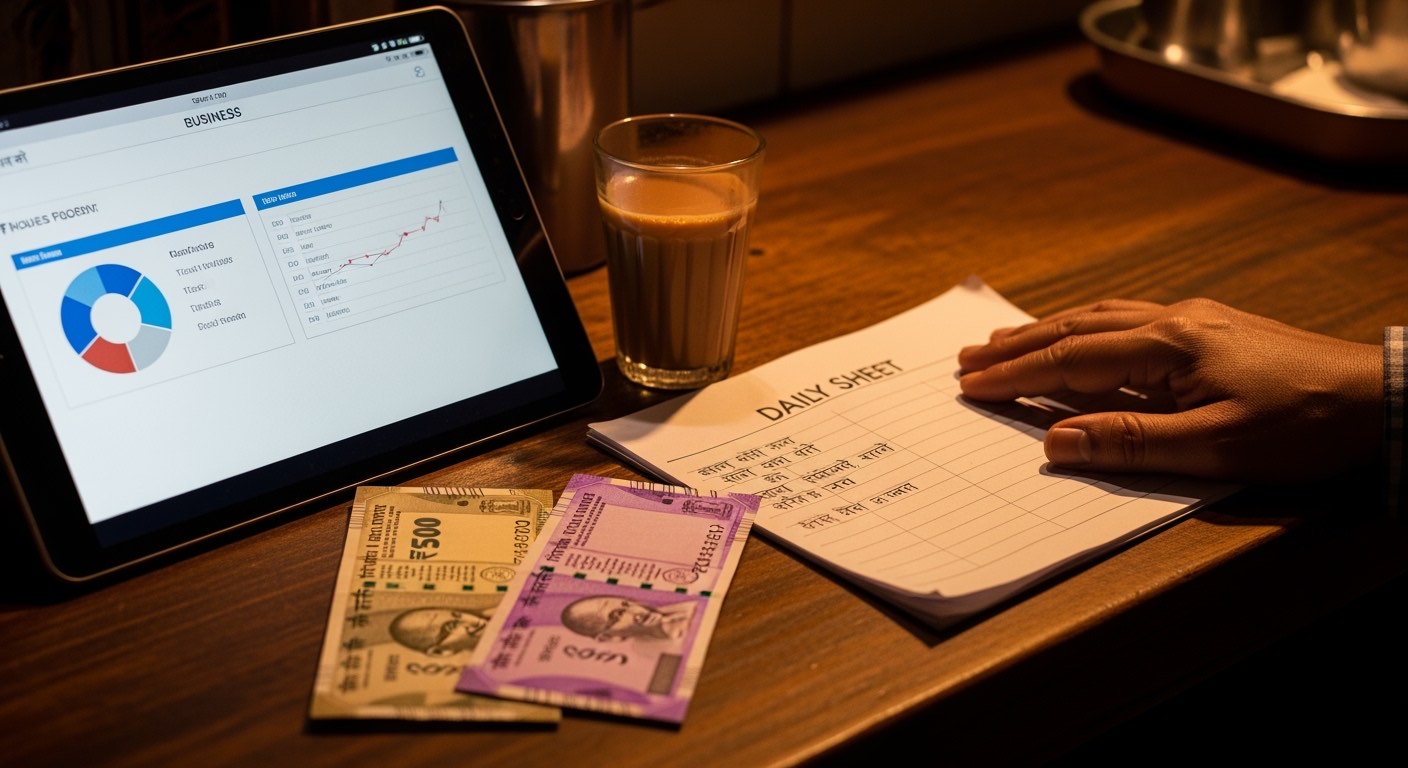 Counter पर एक tablet जिस पर एक generic dashboard दिख रहा है, चाय का glass और daily sheet साथ में